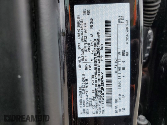 2024 Ford F-250 XL с VIN 1FT8W2BT2REE63472, выставлен на аукционе Copart как лот 58386435 с пробегом Не указан миль и Списание • Salvage title. История ставок и продаж доступна на DreamBid. Изображение 12.