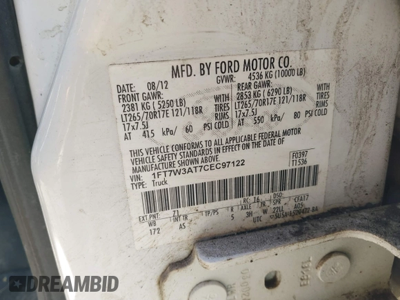 2012 Ford F-350 XL with VIN 1FT7W3AT7CEC97122, listed as a IAAI auction lot 38086956 with 260,503 mi miles and . Bid and sale history available at DreamBid. Image 9.
