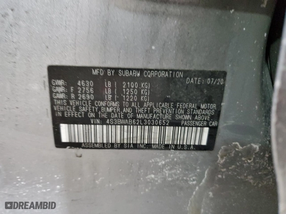 2020 Subaru Legacy with VIN 4S3BWAB62L3030652, listed as a Copart auction lot 88096775 with 54,730 mi miles and Salvage Title. Bid and sale history available at carsss.com. Image 13.