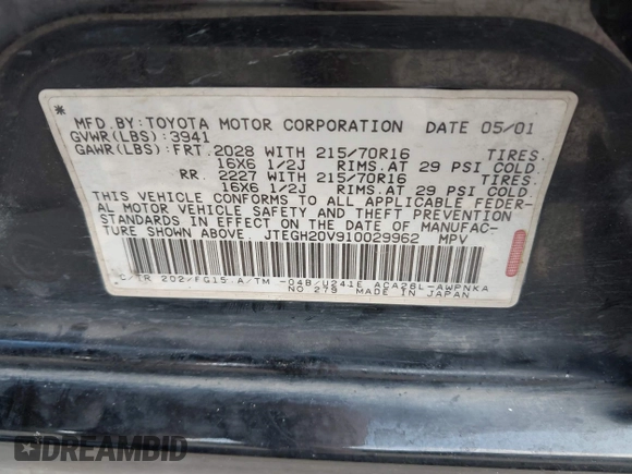 2001 Toyota RAV4 with VIN JTEGH20V910029962, listed as a IAAI auction lot 42092441 with 148,966 mi miles and . Bid and sale history available at DreamBid. Image 9.