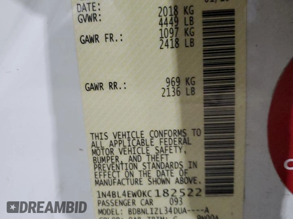 2019 Nissan Altima SL with VIN 1N4BL4EW0KC182522, listed as a Copart auction lot 89361225 with Not Provided miles and Salvage Title. Bid and sale history available at carsss.com. Image 13.