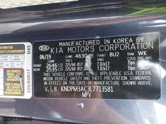 2020 Kia Sportage LX with VIN KNDPM3AC3L7713581, listed as a IAAI auction lot 40255286 with 90,221 mi miles. Bid and sale history available at carsss.com. Image 9.