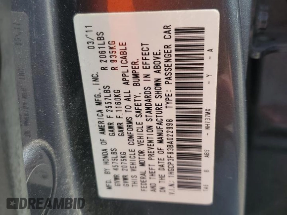 2011 Honda Accord EX-L with VIN 1HGCP3F83BA022998, listed as a Copart auction lot 59935265 with 170,562 mi miles and Salvage title. Bid and sale history available at DreamBid. Image 13.