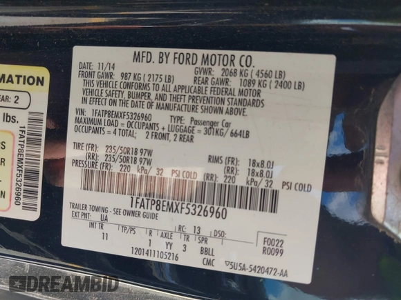 2015 Ford Mustang V6 с VIN 1FATP8EMXF5326960, выставлен на аукционе IAAI как лот 42255651 с пробегом 76 625 миль миль и . История ставок и продаж доступна на DreamBid. Изображение 9.