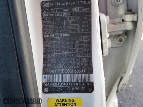 2016 Land Rover Discovery Sport SE z VIN SALCP2BG6GH593091, wystawiony jako Copart lot #48342455 z przebiegiem Nie podano mil oraz Szkoda całkowita • Salvage title. Historia ofert i sprzedaży dostępna na DreamBid. Obrazek 12.