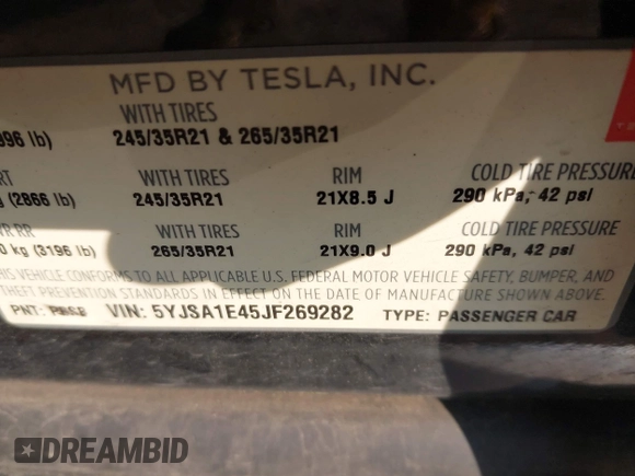 2018 Tesla Model S 75D with VIN 5YJSA1E45JF269282, listed as a IAAI auction lot 42404695 with 251,795 mi miles and . Bid and sale history available at DreamBid. Image 9.
