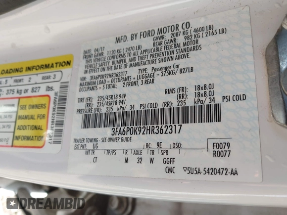 2017 Ford Fusion Titanium with VIN 3FA6P0K92HR362317, listed as a IAAI auction lot 41741671 with 146,989 mi miles. Bid and sale history available at carsss.com. Image 9.