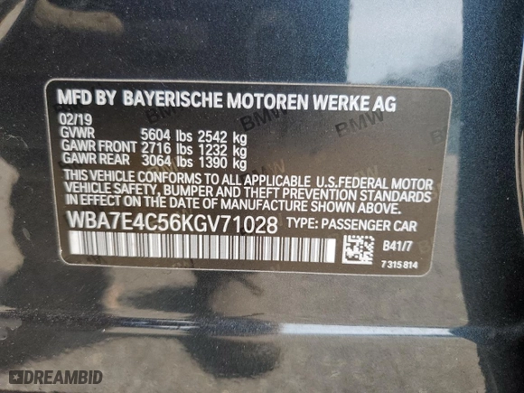 2019 BMW 7 Series 740i xDrive with VIN WBA7E4C56KGV71028, listed as a Copart auction lot 76860474 with 66,657 mi miles and Non Repairable. Bid and sale history available at carsss.com. Image 14.