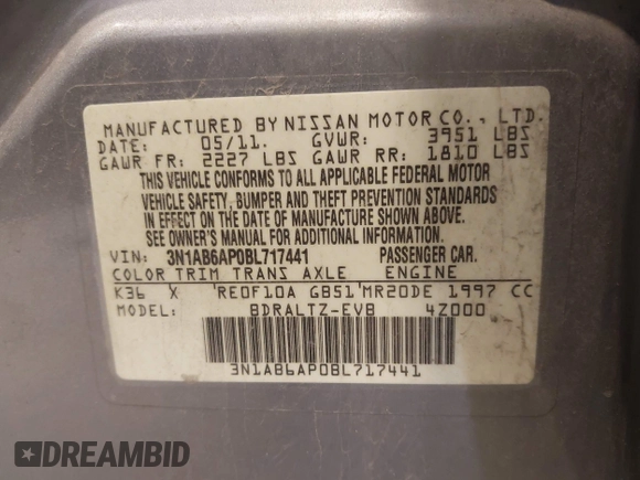 2011 Nissan Sentra SR with VIN 3N1AB6AP0BL717441, listed as a IAAI auction lot 41982454 with 176,757 mi miles and . Bid and sale history available at DreamBid. Image 9.