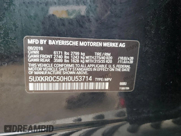 2017 BMW X5 xDrive35i z VIN 5UXKR0C50H0U53714, wystawiony jako Copart lot #57899365 z przebiegiem 124 846 mil mil oraz Szkoda całkowita • Salvage title. Historia ofert i sprzedaży dostępna na DreamBid. Obrazek 12.