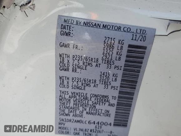 2020 Nissan Pathfinder S with VIN 5N1DR2AM0LC644004, listed as a Copart auction lot 46445495 with 36,857 mi miles and Salvage Title. Bid and sale history available at carsss.com. Image 14.