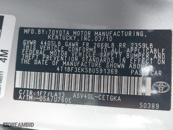 2011 Toyota Camry LE with VIN 4T1BF3EK5BU591369, listed as a IAAI auction lot 42021720 with 187,547 mi miles. Bid and sale history available at carsss.com. Image 9.
