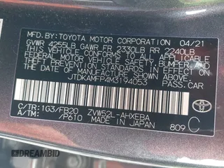 2021 Toyota Prius LE with VIN JTDKAMFP4M3194053, listed as a IAAI auction lot 42441091 with 47,290 mi miles and . Bid and sale history available at DreamBid. Image 9.