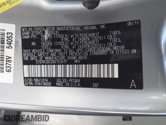 2011 Toyota Sienna XLE AAS with VIN 5TDYK3DC2BS153417, listed as a IAAI auction lot 41685324 with 158,195 mi miles. Bid and sale history available at carsss.com. Image 9.