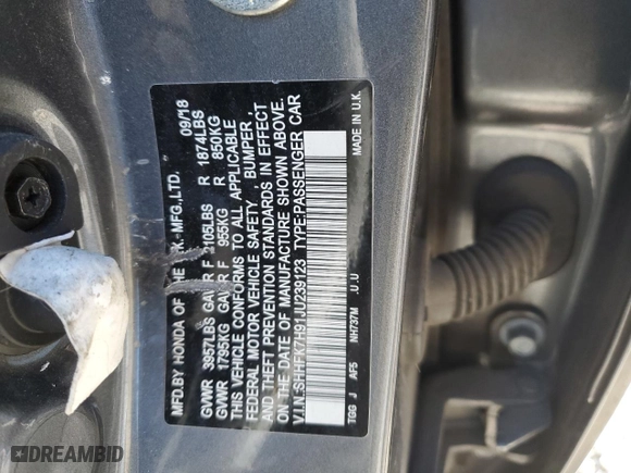 2018 Honda Civic Hatchback Sport Touring with VIN SHHFK7H91JU239123, listed as a Copart auction lot 46340125 with 100,016 mi miles and Salvage Title. Bid and sale history available at carsss.com. Image 14.