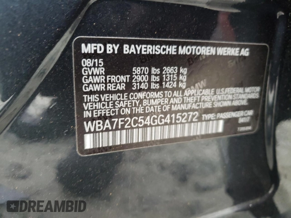 2016 BMW 7 Series 750i xDrive with VIN WBA7F2C54GG415272, listed as a Copart auction lot 86573664 with Not provided miles and Salvage title. Bid and sale history available at DreamBid. Image 12.