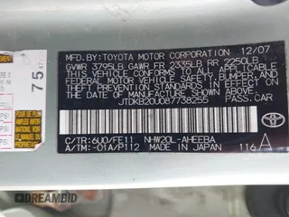 2008 Toyota Prius with VIN JTDKB20U087738255, listed as a IAAI auction lot 42091303 with 233,000 mi miles. Bid and sale history available at carsss.com. Image 9.