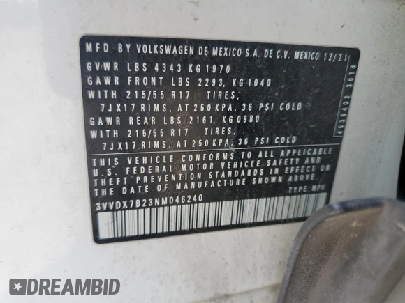 2022 Volkswagen Taos S z VIN 3VVDX7B23NM046240, wystawiony jako Copart lot #48912275 z przebiegiem 66 777 mil mil oraz Szkoda całkowita • Salvage title. Historia ofert i sprzedaży dostępna na DreamBid. Obrazek 14.