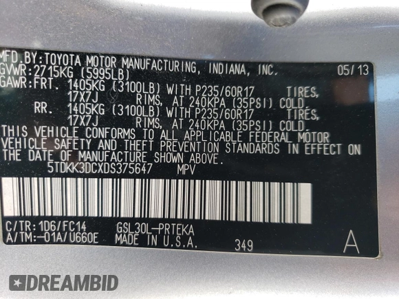 2013 Toyota Sienna LE AAS with VIN 5TDKK3DCXDS375647, listed as a Copart auction lot 53691875 with 205,349 mi miles and Salvage Title. Bid and sale history available at carsss.com. Image 13.
