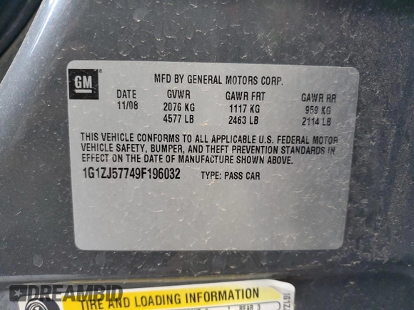 2009 Chevrolet Malibu 2LT with VIN 1G1ZJ57749F196032, listed as a Copart auction lot 52777345 with 144,136 mi miles and Salvage Title. Bid and sale history available at DreamBid. Image 12.