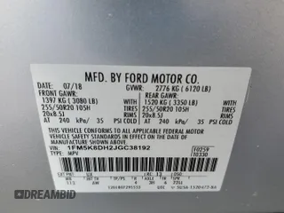 2018 Ford Explorer XLT with VIN 1FM5K8DH2JGC38192, listed as a Copart auction lot 44565615 with 50,629 mi miles and Salvage Title. Bid and sale history available at DreamBid. Image 14.