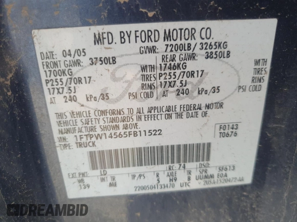 2005 Ford F-150 XLT with VIN 1FTPW14565FB11522, listed as a Copart auction lot 52006335 with 149,694 mi miles and Clean title. Bid and sale history available at DreamBid. Image 12.