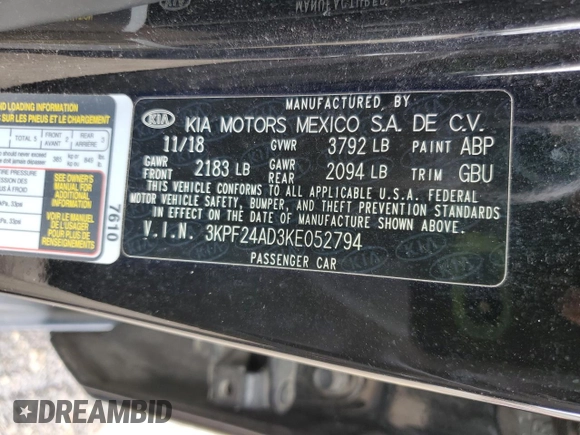 2019 Kia Forte LXS z VIN 3KPF24AD3KE052794, wystawiony jako Copart lot #53907935 z przebiegiem 128 394 mil mil oraz Szkoda całkowita • Salvage title. Historia ofert i sprzedaży dostępna na DreamBid. Obrazek 12.