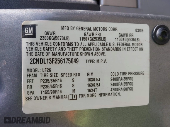 2005 Chevrolet Equinox LS with VIN 2CNDL13F256175049, listed as a IAAI auction lot 41900526 with 54,901 mi miles. Bid and sale history available at carsss.com. Image 9.