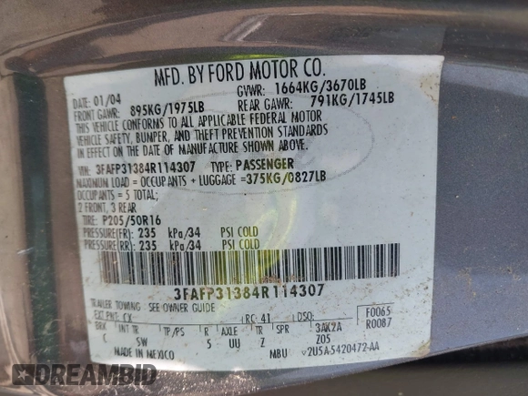 2004 Ford Focus ZX3 с VIN 3FAFP31384R114307, выставлен на аукционе IAAI как лот 42428592 с пробегом 134 843 миль миль и . История ставок и продаж доступна на DreamBid. Изображение 9.
