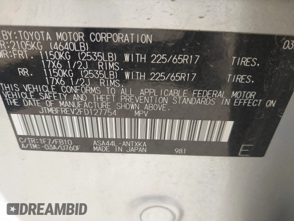 2015 Toyota RAV4 LE with VIN JTMBFREV2FD127754, listed as a IAAI auction lot 41877447 with 111,678 mi miles and . Bid and sale history available at DreamBid. Image 9.