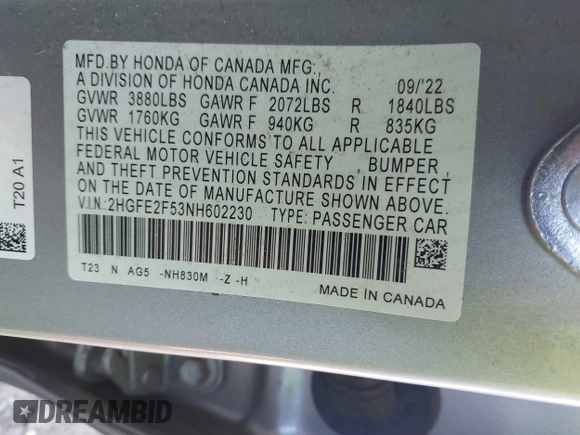 2022 Honda Civic Sedan Sport with VIN 2HGFE2F53NH602230, listed as a IAAI auction lot 40897569 with 25,801 mi miles. Bid and sale history available at carsss.com. Image 9.