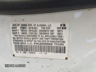 2008 Honda Odyssey LX с VIN 5FNRL38208B085053, выставлен на аукционе IAAI как лот 42301338 с пробегом 209 993 миль миль и . История ставок и продаж доступна на DreamBid. Изображение 9.