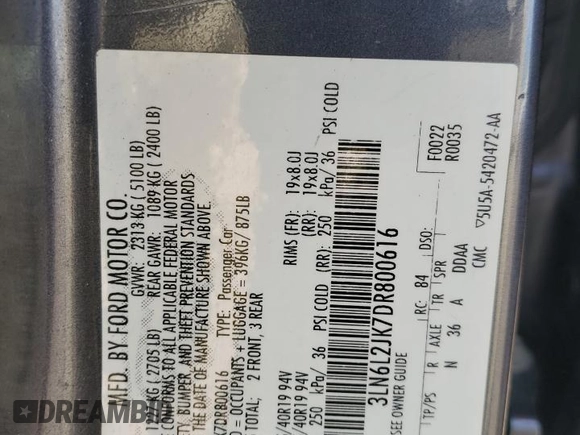 2013 Lincoln MKZ with VIN 3LN6L2JK7DR800616, listed as a Copart auction lot 52123875 with 116,311 mi miles and Salvage Title. Bid and sale history available at carsss.com. Image 12.