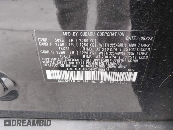 2024 Subaru Outback Touring XT with VIN 4S4BTGPD9R3155526, listed as a IAAI auction lot 41713013 with 7,987 mi miles and . Bid and sale history available at DreamBid. Image 9.