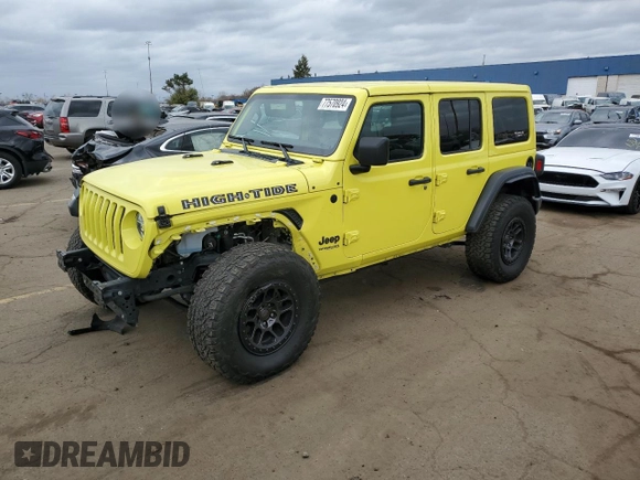 2022 Jeep Wrangler Unlimited High Tide with VIN 1C4HJXDG0NW204141, listed as a Copart auction lot 77570924 with 58,114 mi miles and Salvage Title. Bid and sale history available at DreamBid. Image 1.