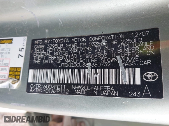 2008 Toyota Prius with VIN JTDKB20U383360732, listed as a IAAI auction lot 42097354 with 260,220 mi miles. Bid and sale history available at carsss.com. Image 9.