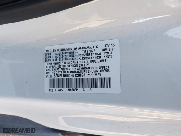 2015 Honda Odyssey EX-L with VIN 5FNRL5H64FB120091, listed as a IAAI auction lot 41864598 with 94,503 mi miles. Bid and sale history available at carsss.com. Image 9.