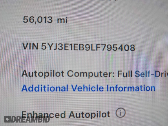 2020 Tesla Model 3 Long Range with VIN 5YJ3E1EB9LF795408, listed as a IAAI auction lot 41735428 with 56,013 mi miles. Bid and sale history available at carsss.com. Image 9.