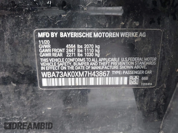 2021 BMW 2 Series 228i xDrive with VIN WBA73AK0XM7H43867, listed as a IAAI auction lot 41226556 with 30,767 mi miles and . Bid and sale history available at DreamBid. Image 9.