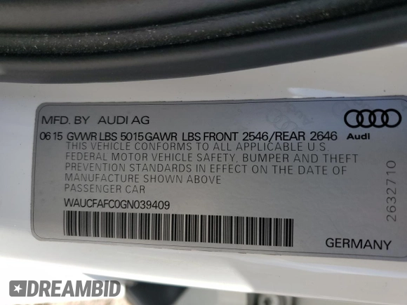 2016 Audi A6 2.0T Premium with VIN WAUCFAFC0GN039409, listed as a Copart auction lot 83972034 with 90,044 mi miles and Salvage Title. Bid and sale history available at carsss.com. Image 12.