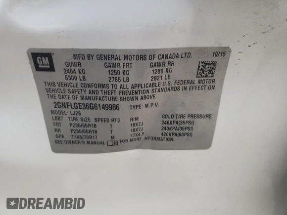 2016 Chevrolet Equinox LTZ with VIN 2GNFLGE36G6149986, listed as a Copart auction lot 88251995 with 124,522 mi miles and Salvage Title. Bid and sale history available at carsss.com. Image 13.