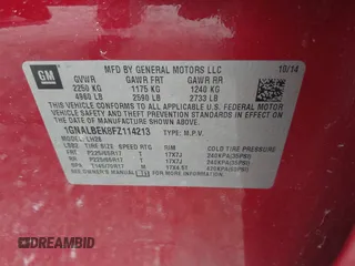 2015 Chevrolet Equinox LT with VIN 1GNALBEK8FZ114213, listed as a IAAI auction lot 41934829 with 124,613 mi miles and . Bid and sale history available at DreamBid. Image 9.
