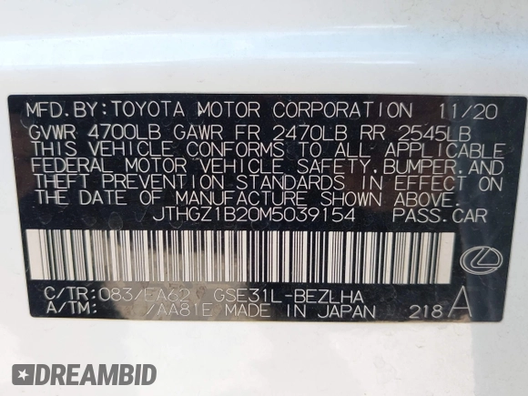 2021 Lexus IS with VIN JTHGZ1B20M5039154, listed as a IAAI auction lot 41978368 with 57,839 mi miles. Bid and sale history available at carsss.com. Image 9.