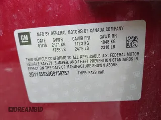 2016 Chevrolet Impala LTZ with VIN 2G1145S33G9159357, listed as a IAAI auction lot 41910638 with 178,530 mi miles. Bid and sale history available at carsss.com. Image 9.