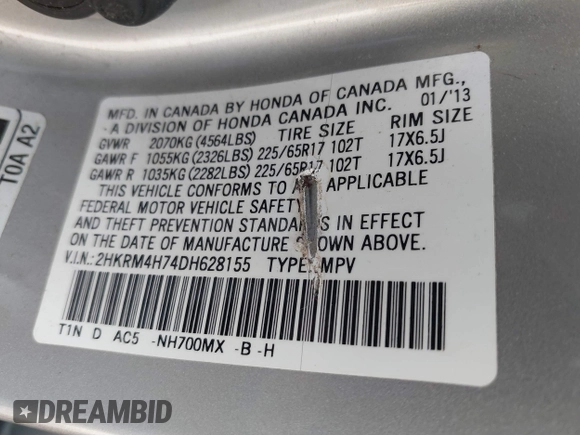 2013 Honda CR-V EX-L with VIN 2HKRM4H74DH628155, listed as a IAAI auction lot 42881796 with 208,334 mi miles and . Bid and sale history available at DreamBid. Image 9.