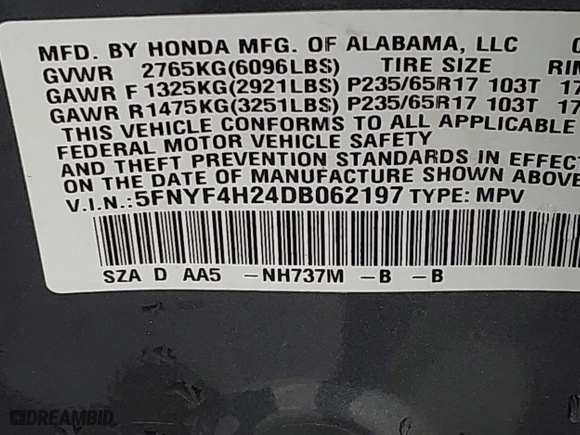 2013 Honda Pilot LX with VIN 5FNYF4H24DB062197, listed as a IAAI auction lot 41652595 with 66,169 mi miles. Bid and sale history available at carsss.com. Image 9.