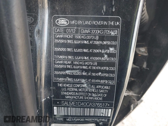 2012 Land Rover Range Rover HSE z VIN SALME1D40CA376517, wystawiony jako IAAI lot #42248985 z przebiegiem 101 005 mil mil oraz . Historia ofert i sprzedaży dostępna na DreamBid. Obrazek 9.