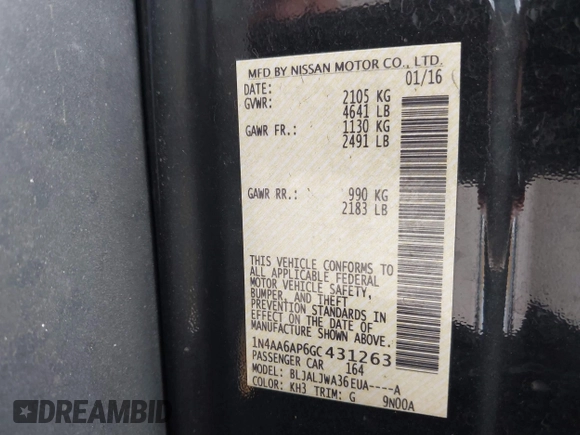 2016 Nissan Maxima Platinum with VIN 1N4AA6AP6GC431263, listed as a IAAI auction lot 40713089 with Not provided miles and . Bid and sale history available at DreamBid. Image 9.