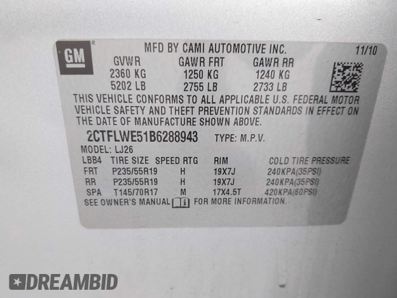 2011 GMC Terrain SLT-2 with VIN 2CTFLWE51B6288943, listed as a IAAI auction lot 42167891 with 180,314 mi miles and . Bid and sale history available at carsss.com. Image 9.