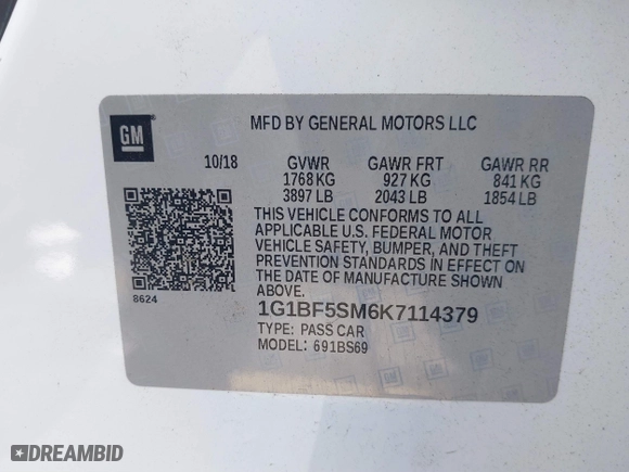 2019 Chevrolet Cruze Premier with VIN 1G1BF5SM6K7114379, listed as a IAAI auction lot 41425240 with 37,965 mi miles. Bid and sale history available at carsss.com. Image 9.
